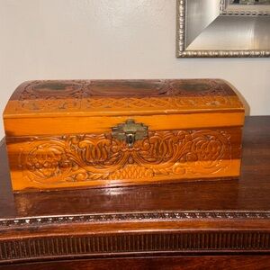 Hand-Carved Wooden Jewelry Box in Warm Orange